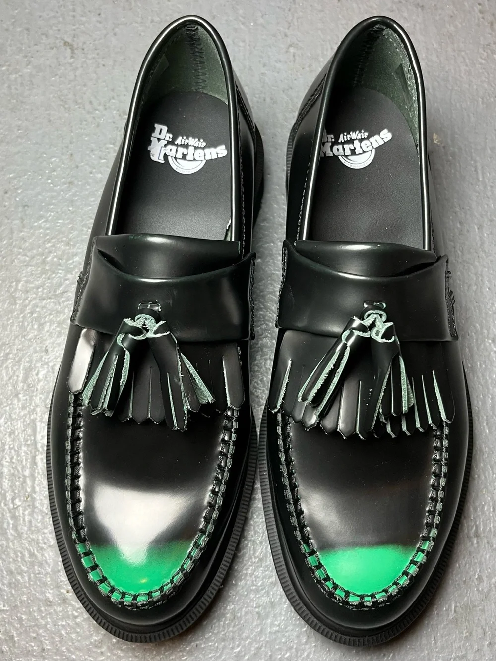 Dr. Martens Black Loafers with Green Toe Accent and Tassels